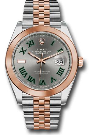 Replica Rolex Steel and Everose Gold Rolesor Datejust 41 Watch 126301 Smooth Bezel Slate Gray Green Roman Wimbledon Dial Jubilee Bracelet
